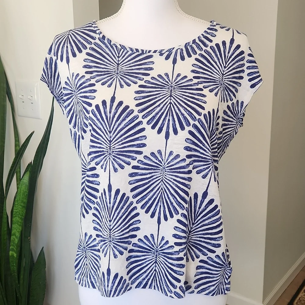 Joie 100% Linen Blouse Cap Sleeve Coastal White Blue L - Picture 1 of 16